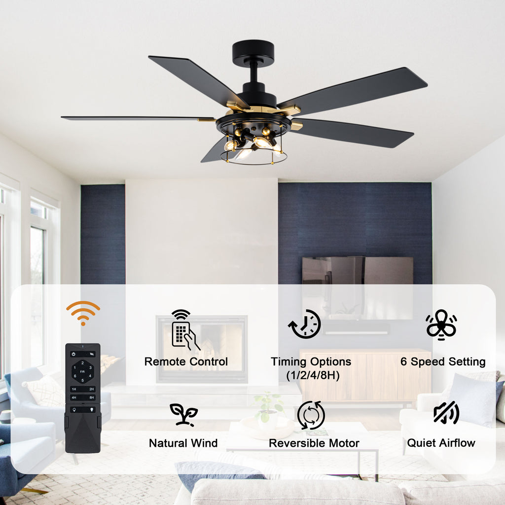 Industrial 52 Inch Gold/Black Caged Ceiling Fan with Light Quiet Reversible DC Motor with 6 Speed Remote Control Ceiling Fan 5 Blades Ceiling Fan Suit for Kitchen Bedroom Living Room