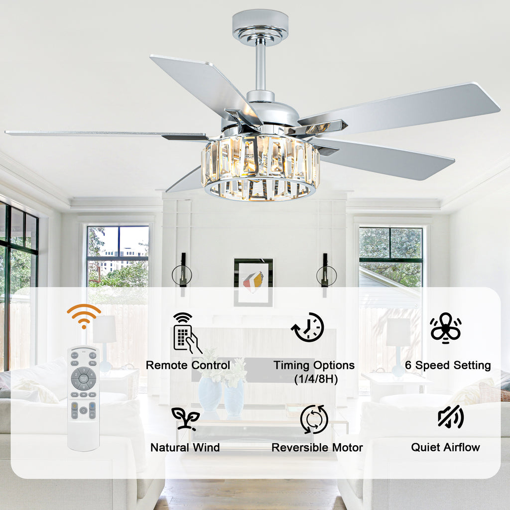 52 Inch Chrome Contemporary Glam Ceiling Fan with Lights and Remote Control, 6 Speeds Reversible Ceiling Fan with Crystals