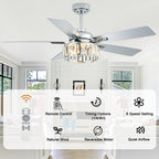52 Inch Chrome Contemporary Glam Ceiling Fan with Lights and Remote Control, 6 Speeds Reversible Ceiling Fan with Crystals