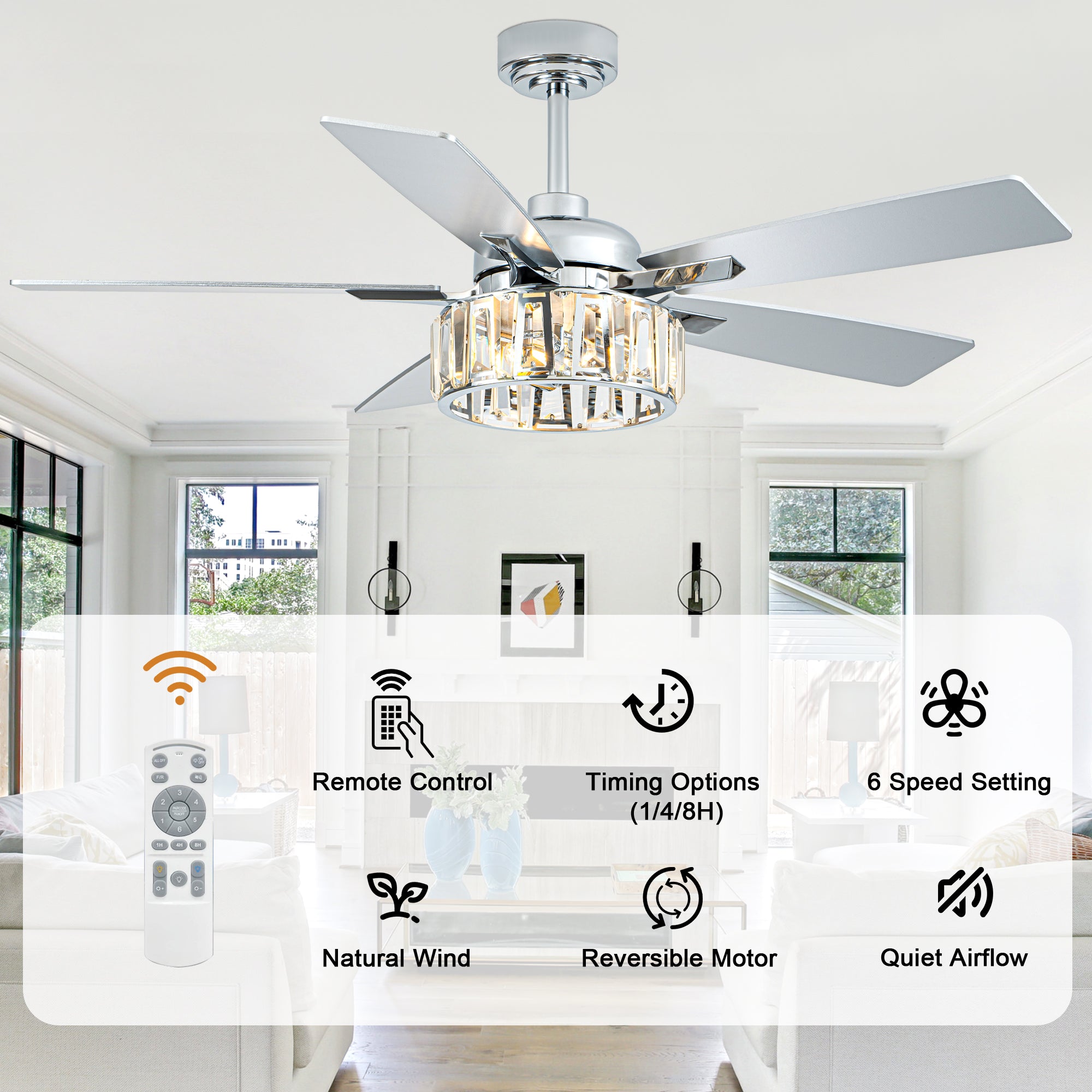 52 Inch Chrome Contemporary Glam Ceiling Fan with Lights and Remote Control, 6 Speeds Reversible Ceiling Fan with Crystals