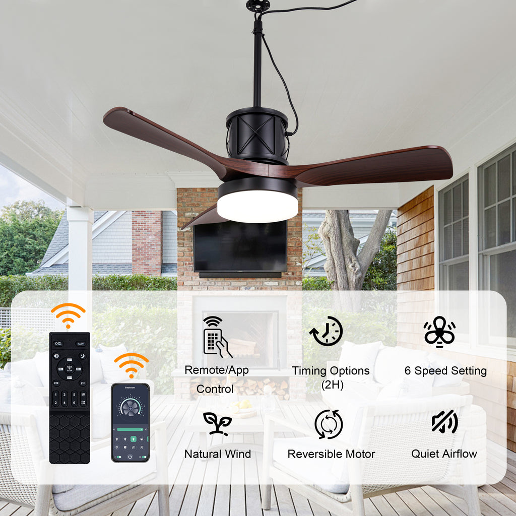 42 Inch Modern Farmhouse Smart Outdoor Ceiling Fan with Dimmable LED and Remote, 6 Speeds Waterproof Ceiling Fans Plug In Outside Patio Fan
