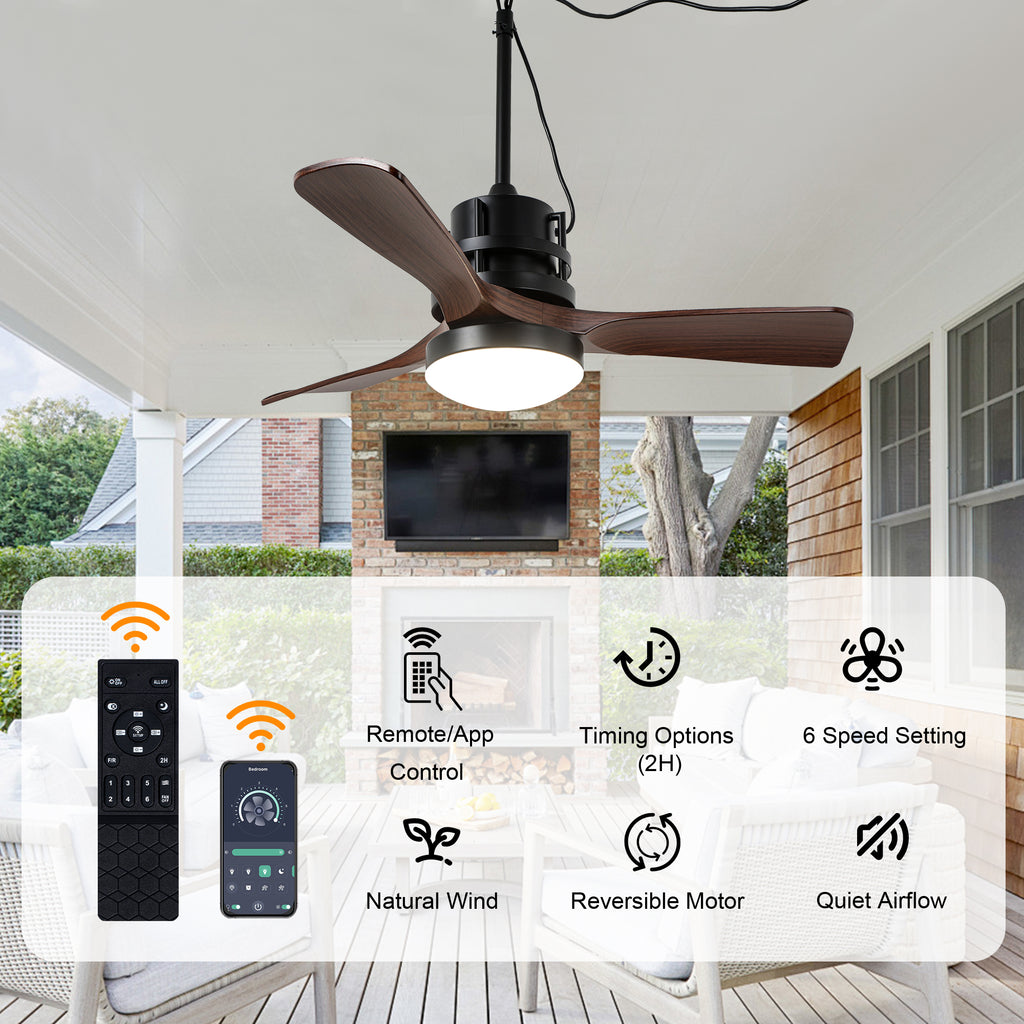42 Inch Modern Smart Outdoor Ceiling Fan with Dimmable LED Lights,6 Speeds Plug In Waterproof Ceiling Fans for Patios