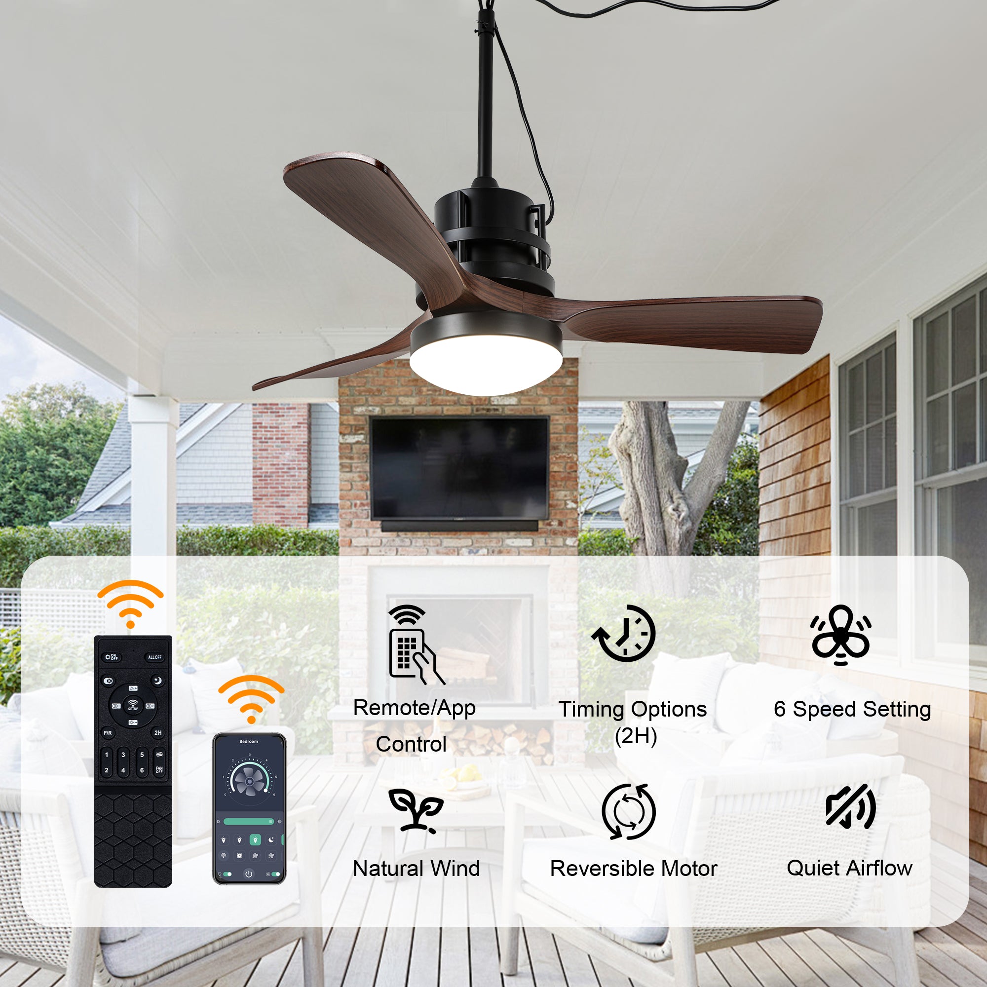 42 Inch Modern Smart Outdoor Ceiling Fan with Dimmable LED Lights,6 Speeds Plug In Waterproof Ceiling Fans for Patios