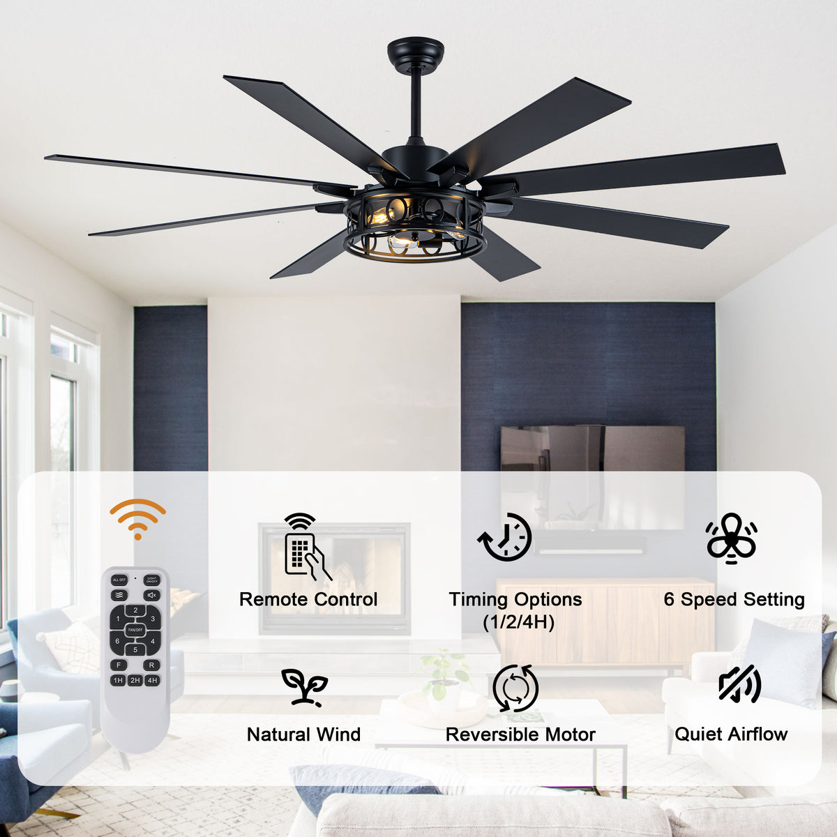 Farmhouse 72 Inch Caged Down Rods Ceiling Fan with Light Reversible Quiet DC Motor 6-Speed Ceiling Fan with Light Retro Remote Control Timming Ceiling Fan with Light Suit for Living Room, Bedroom, Kitchen