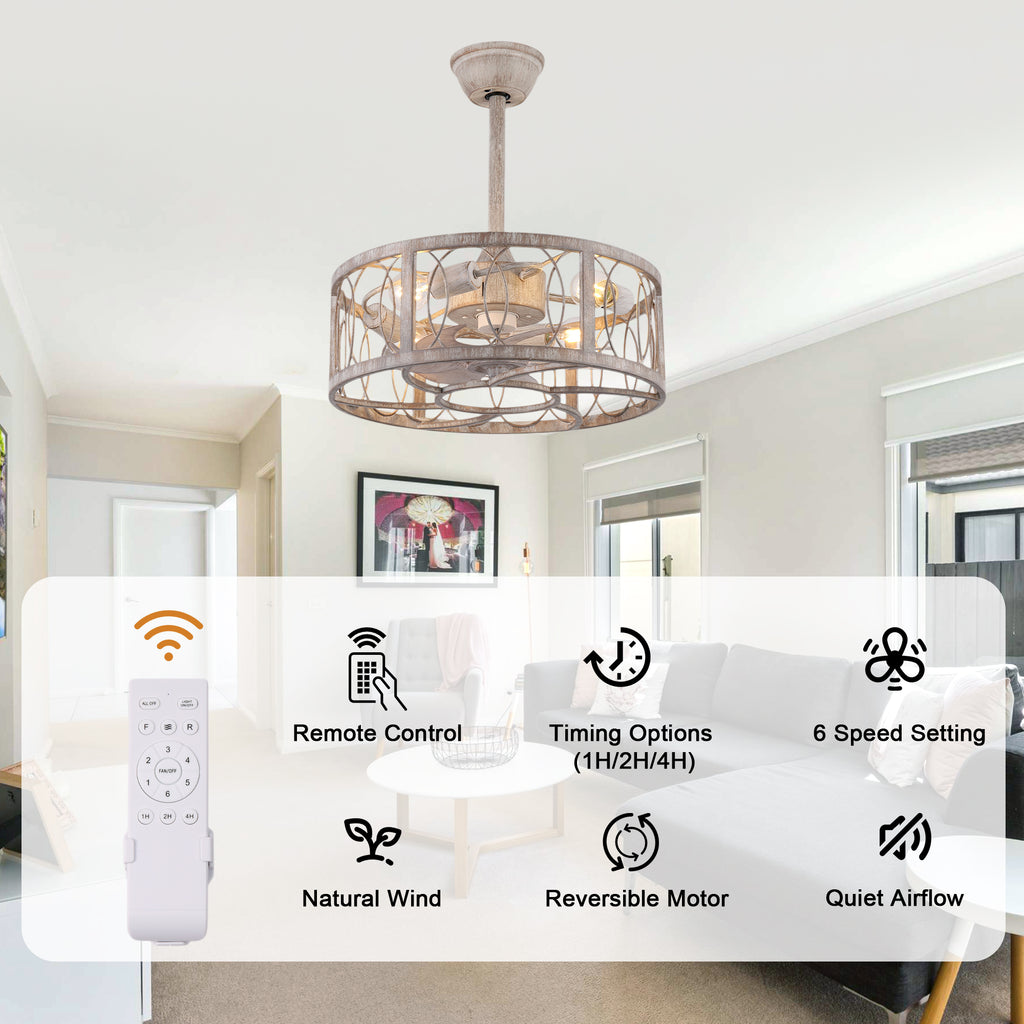 Industrial 20 Inch Distressed White Caged Ceiling Fan with Light Quiet DC Motor with Remote Control Ceiling Fan Small Farmhouse Ceiling Fan with Light Suit for Bedroom, Kitchen,Living Room