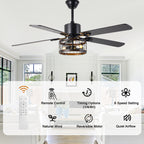 52 Inch Industrial Farmhouse Ceiling Fan with Lights and Remote Control, 6 Speeds Reversible Caged Ceiling Fan for Living Room