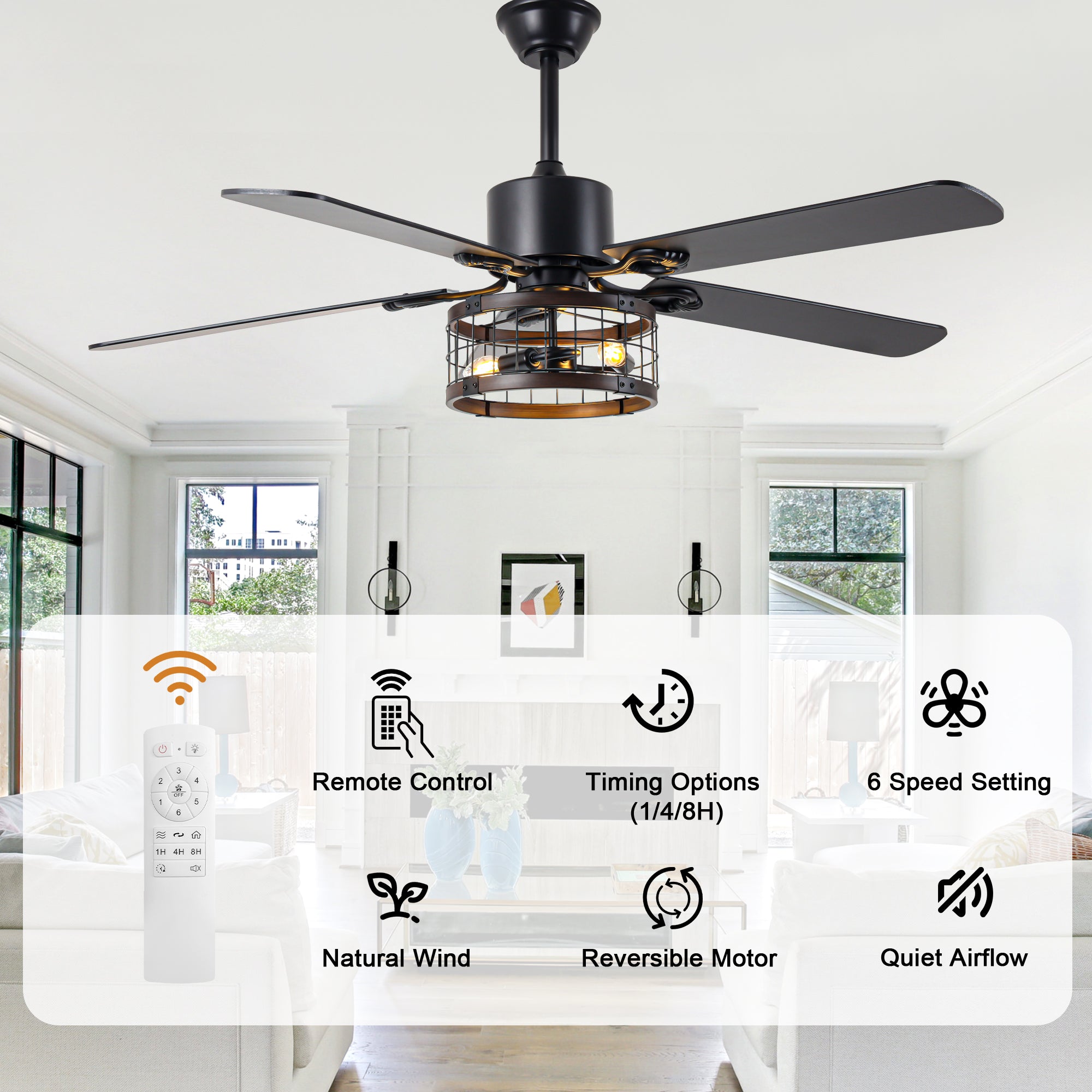 52 Inch Industrial Farmhouse Ceiling Fan with Lights and Remote Control, 6 Speeds Reversible Caged Ceiling Fan for Living Room