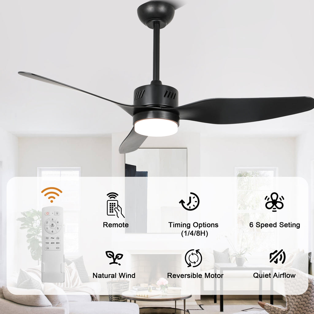 46 Inch Black Modern Ceiling Fan with LED Light and Remote, 6 Speeds 3-Blade DC Motor Reversible Ceiling Fan for Living Room