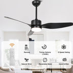 46 Inch Black Modern Ceiling Fan with LED Light and Remote, 6 Speeds 3-Blade DC Motor Reversible Ceiling Fan for Living Room