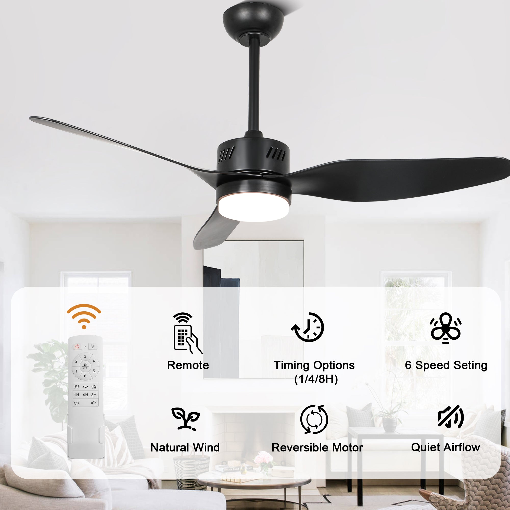 46 Inch Black Modern Ceiling Fan with LED Light and Remote, 6 Speeds 3-Blade DC Motor Reversible Ceiling Fan for Living Room