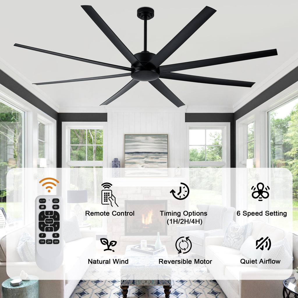 84 Inch Black Extra Large Ceiling Fan with Remote, 6 Speeds DC Motor Reversible Industrial Ceiling Fan for Large Room