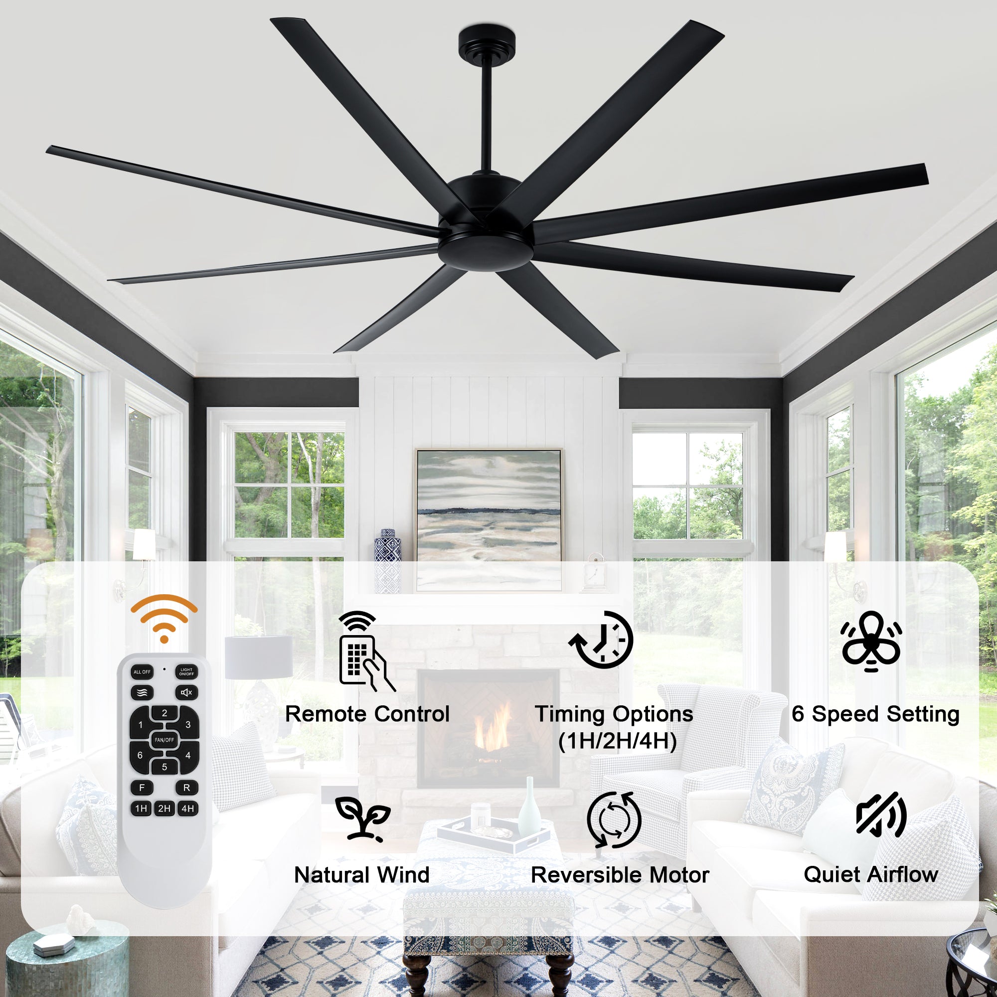 84 Inch Black Extra Large Ceiling Fan with Remote, 6 Speeds DC Motor Reversible Industrial Ceiling Fan for Large Room