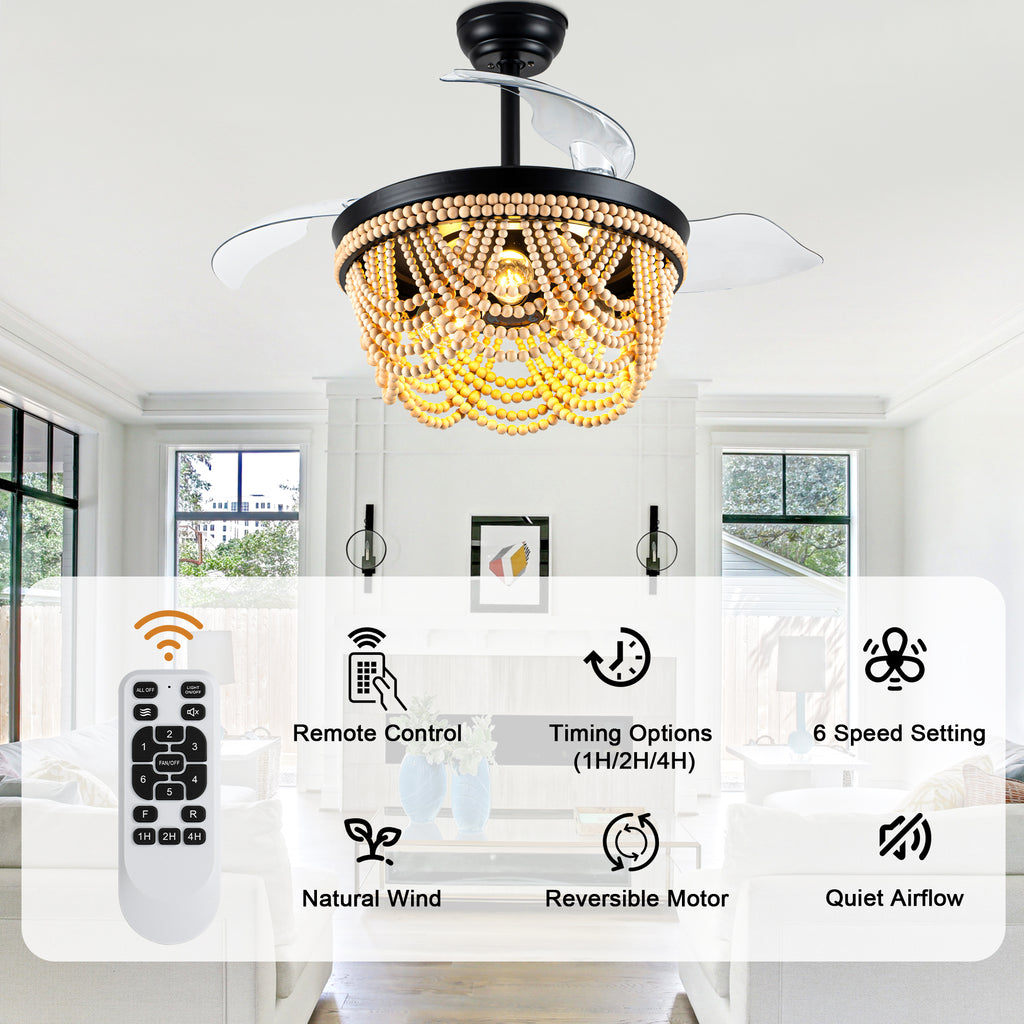 42 Inch Black Bohemian Retractable Ceiling Fan with Lights and Remote, 6 Speeds DC Motor Bladeless Fandelier Ceiling Fan with Wood Beaded Shade