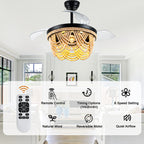 42 Inch Black Bohemian Retractable Ceiling Fan with Lights and Remote, 6 Speeds DC Motor Bladeless Fandelier Ceiling Fan with Wood Beaded Shade