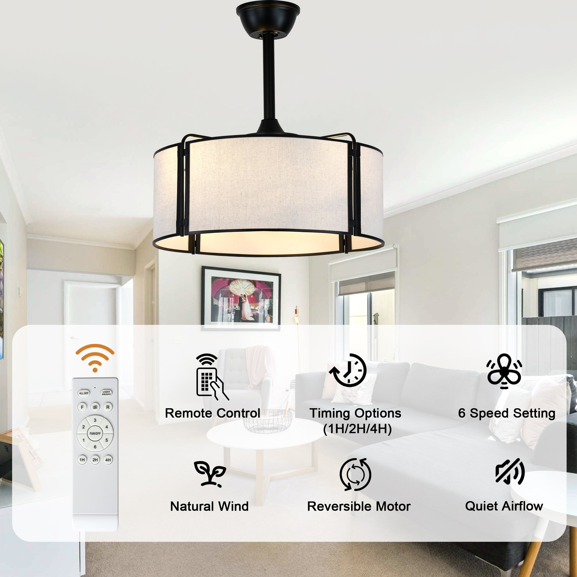 19 Inch Modern Ceiling Fan with Fabric Shade, 6-Speed DC Motor Bladeless Ceiling Fan with Lights and Remote Control for Bedroom