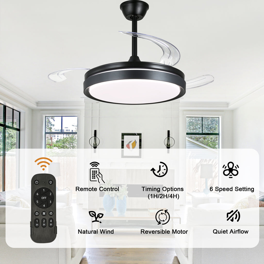 42 Inch Black/Gold/White Modern Retractable Ceiling Fan with LED Light and Remote, 6 Speeds DC Motor Bladeless Ceiling Fan for Bedroom