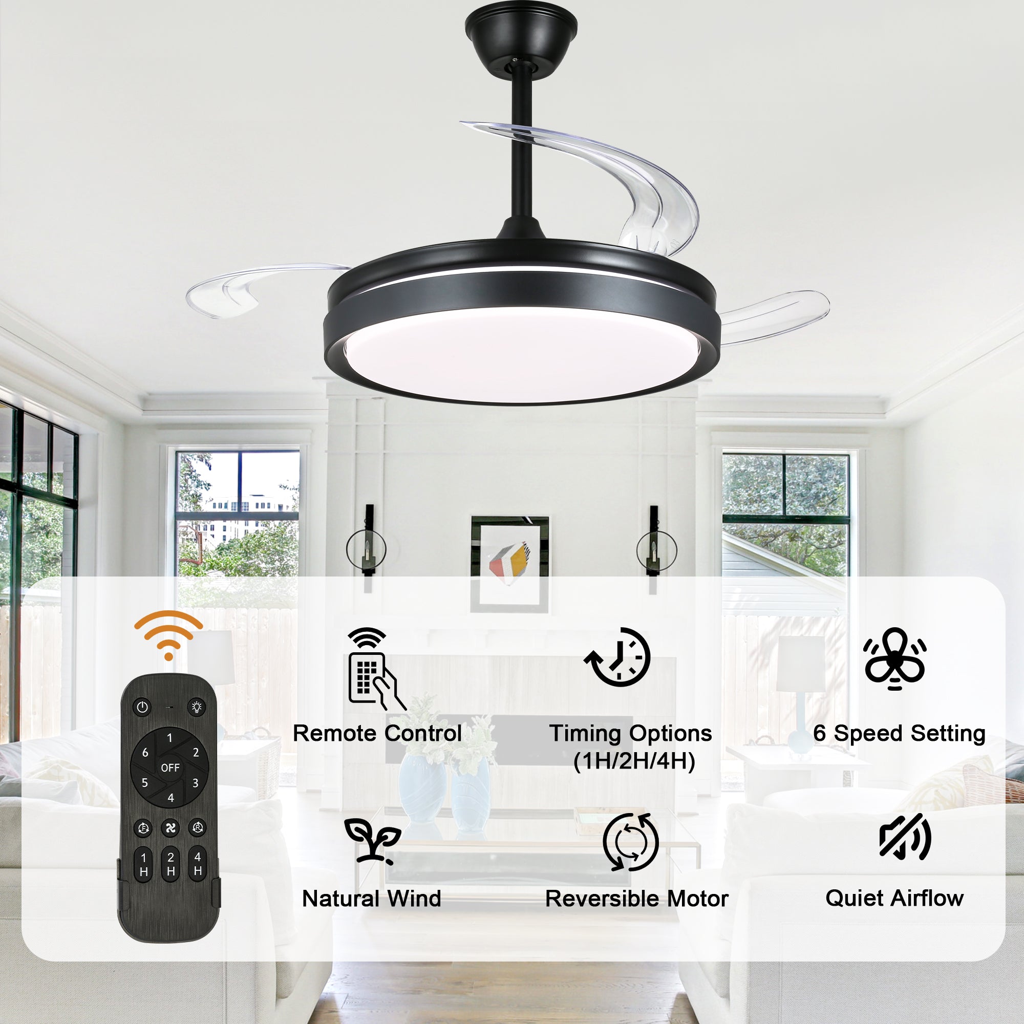42 Inch Black/Gold/White Modern Retractable Ceiling Fan with LED Light and Remote, 6 Speeds DC Motor Bladeless Ceiling Fan for Bedroom