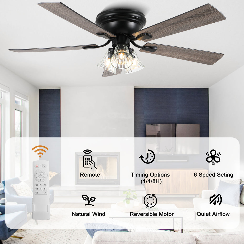 52/60 Inch Black Farmhouse Flush Mount Ceiling Fan with Lights and Remote Control, 6 Speeds DC Motor Low Profile Ceiling Fan with Glass Shade