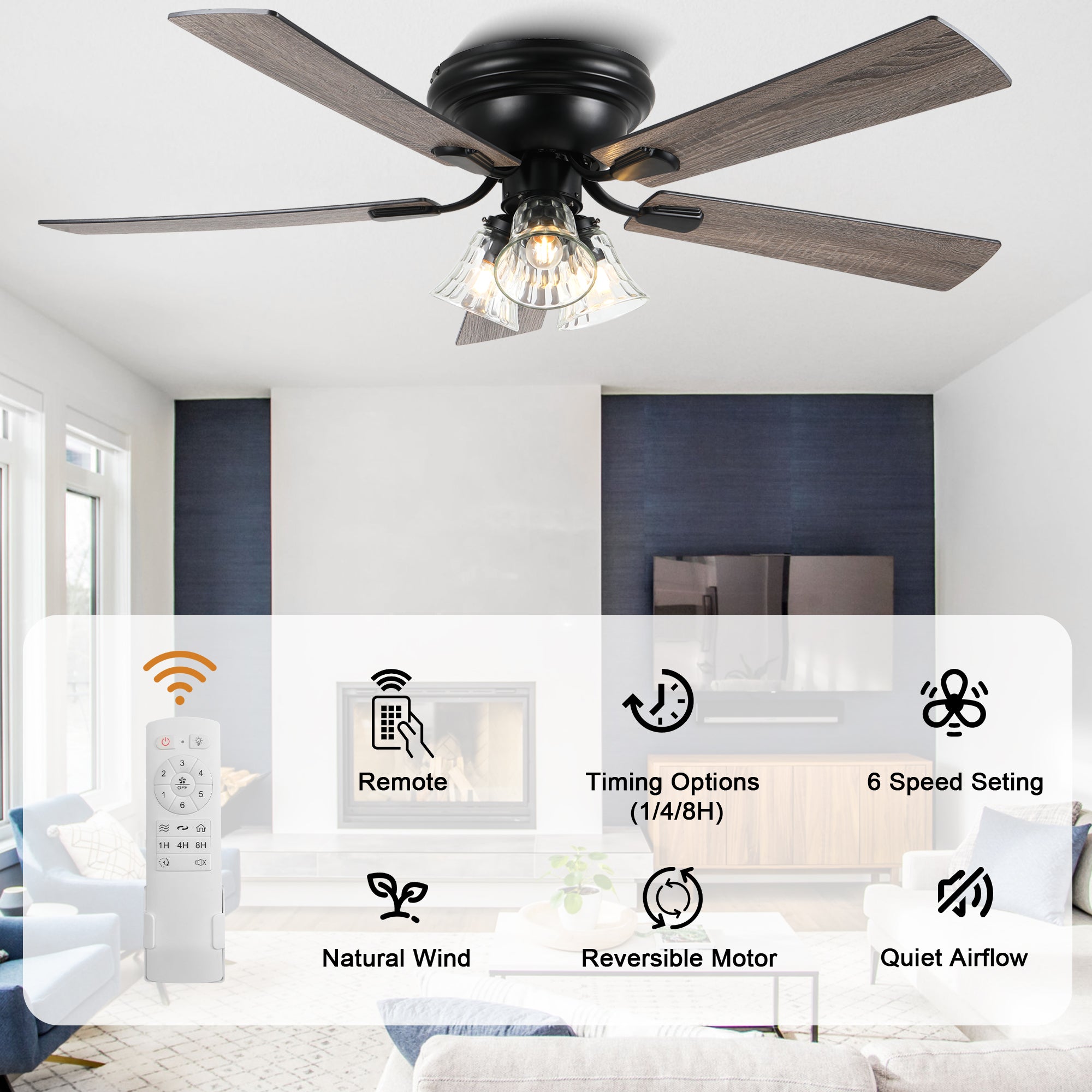52/60 Inch Black Farmhouse Flush Mount Ceiling Fan with Lights and Remote Control, 6 Speeds DC Motor Low Profile Ceiling Fan with Glass Shade