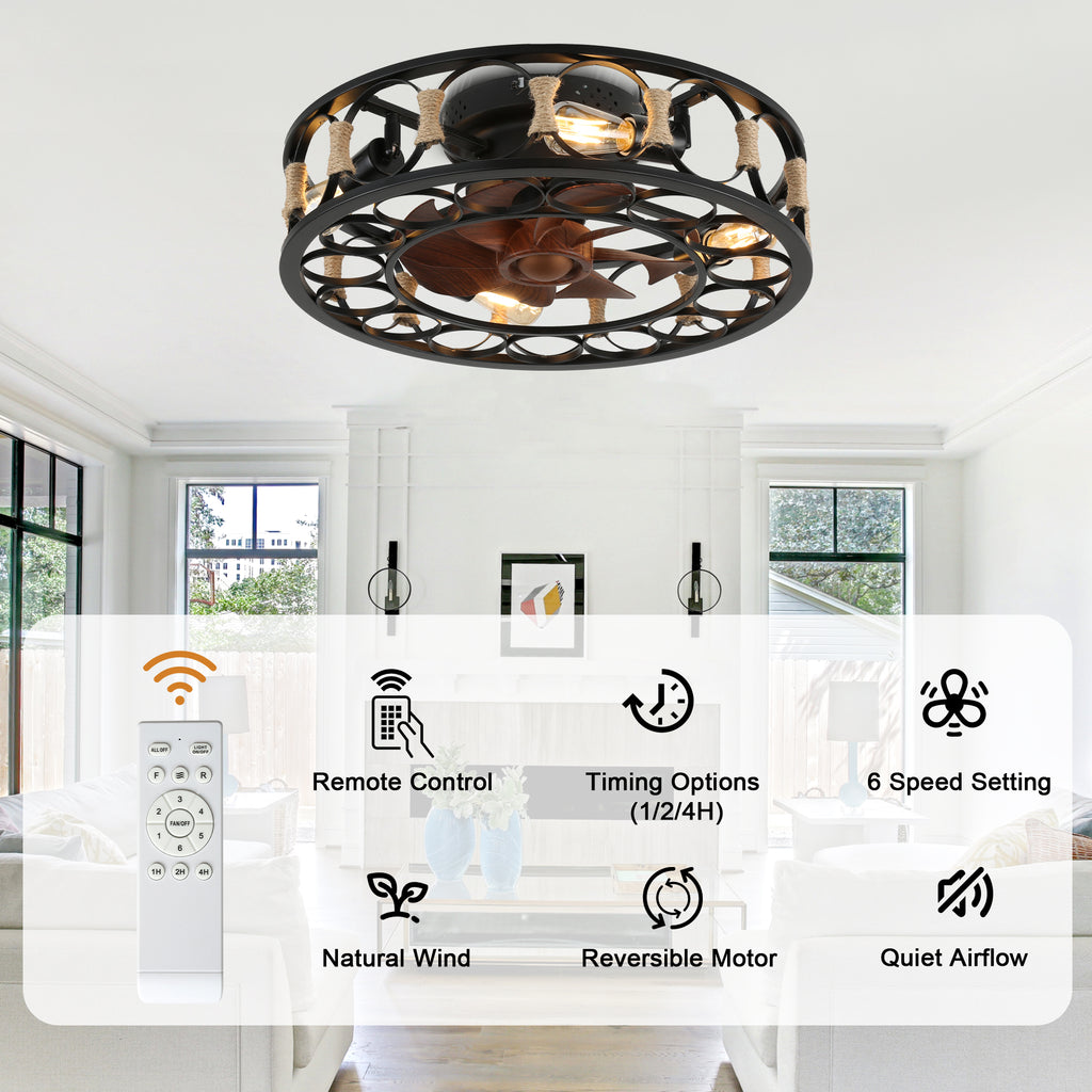 19 Inch Black Farmhouse Flush Mount Ceiling Fan with Lights and Remote, 6 Speeds DC Motor Bladeless Ceiling Fans for Low Profile Ceiling