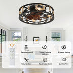 19 Inch Black Farmhouse Flush Mount Ceiling Fan with Lights and Remote, 6 Speeds DC Motor Bladeless Ceiling Fans for Low Profile Ceiling