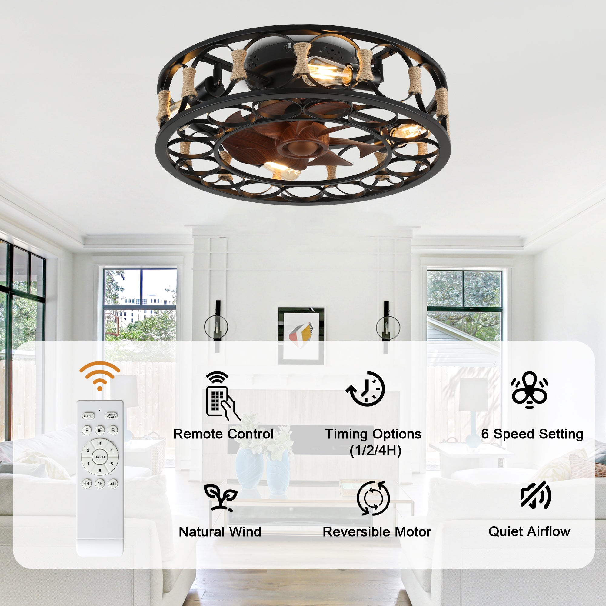 19 Inch Black Farmhouse Flush Mount Ceiling Fan with Lights and Remote, 6 Speeds DC Motor Bladeless Ceiling Fans for Low Profile Ceiling