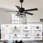 52 Inch Modern Glam Crystal Ceiling Fan with Lights and Remote, 6 Speeds DC Motor Black Reversible Ceiling Fan with Crystal Cage