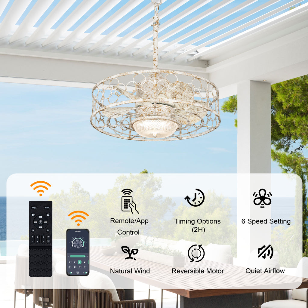 21 Inch Outdoor Waterproof Ceiling Fan with Dimmable LED Light and Remote Control, 6-Speed DC Motor Vintage Distressed White Plug In Ceiling Fan