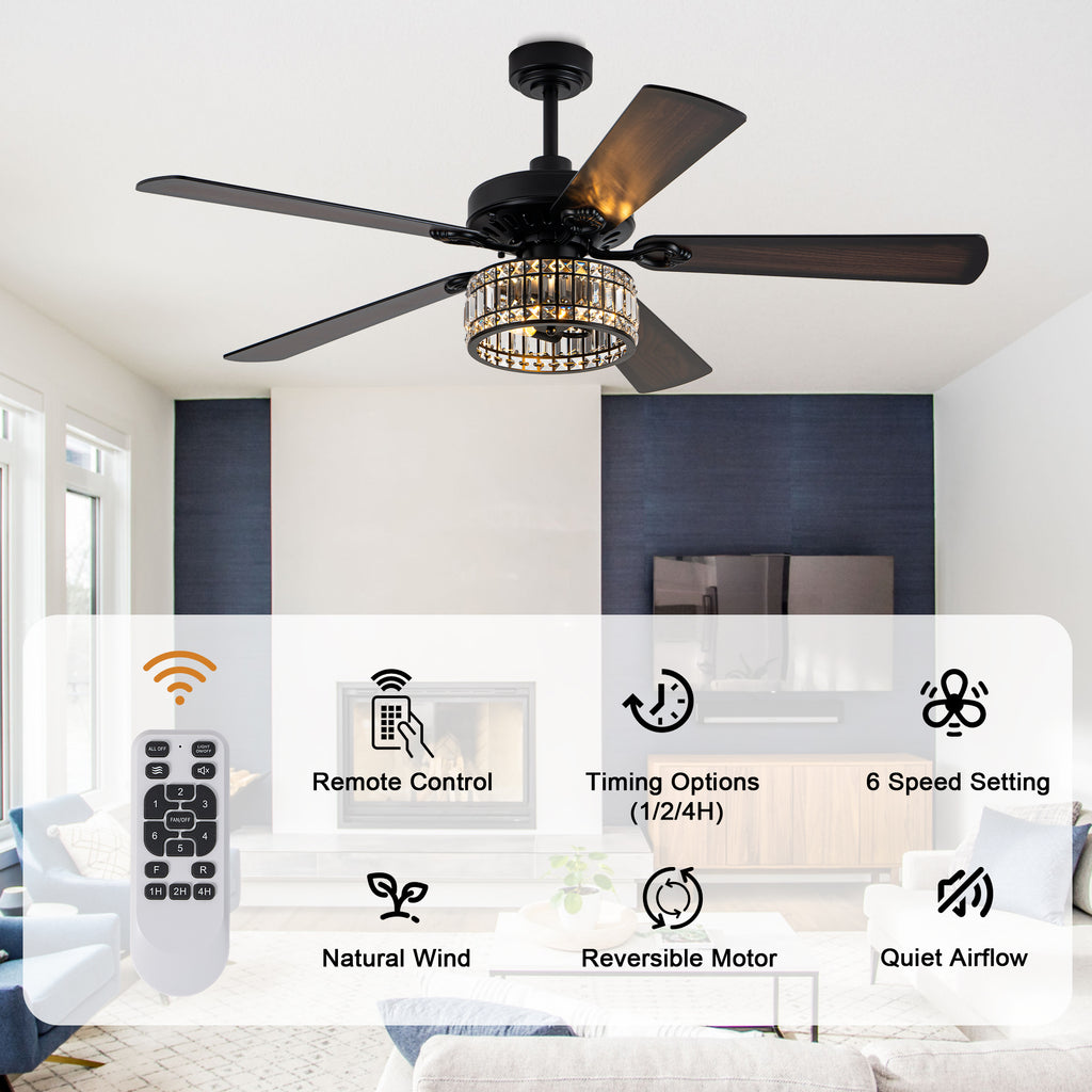 Luxury 60 Inch Crystal Caged Ceiling Fan with Light Reversible Quiet DC Motor and Remote Control Ceiling Fan Wood Blades Ceiling Fan Suit for Bedroom, Living Room, Kitchen