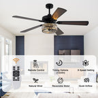 Luxury 60 Inch Crystal Caged Ceiling Fan with Light Reversible Quiet DC Motor and Remote Control Ceiling Fan Wood Blades Ceiling Fan Suit for Bedroom, Living Room, Kitchen