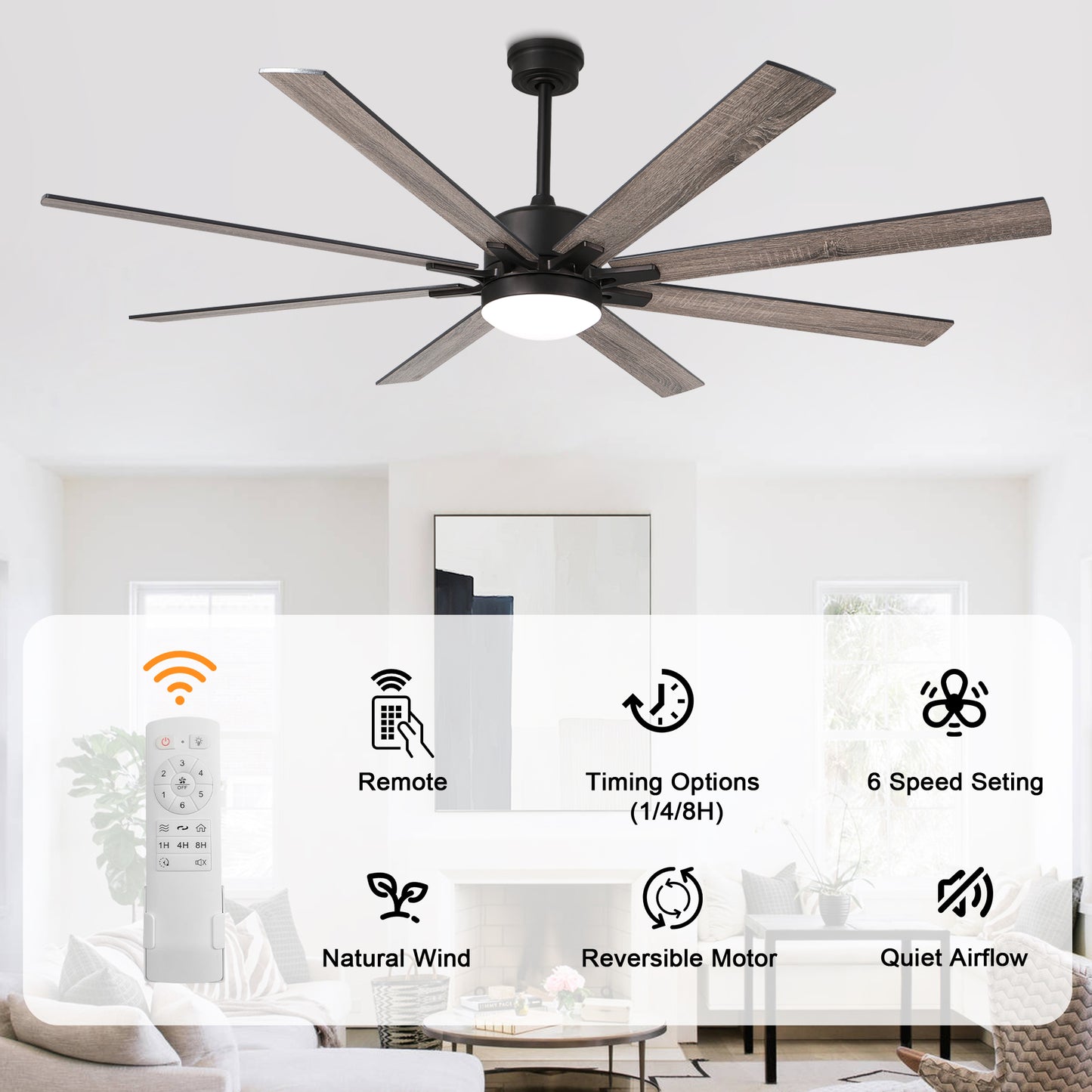 DC7207GED-72" 8 Blades Simple Modern Reversible Ceiling Fan with Remote and LED Light Kit Included, 6-speed Dimmable Large Size Ceiling Fan