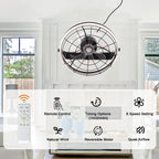 23 Inch Black Modern Wall Mounted Caged Ceiling Fan with Dimmable LED Lights and Remote, 6 Speeds Plug In Bladeless Ceiling Fan