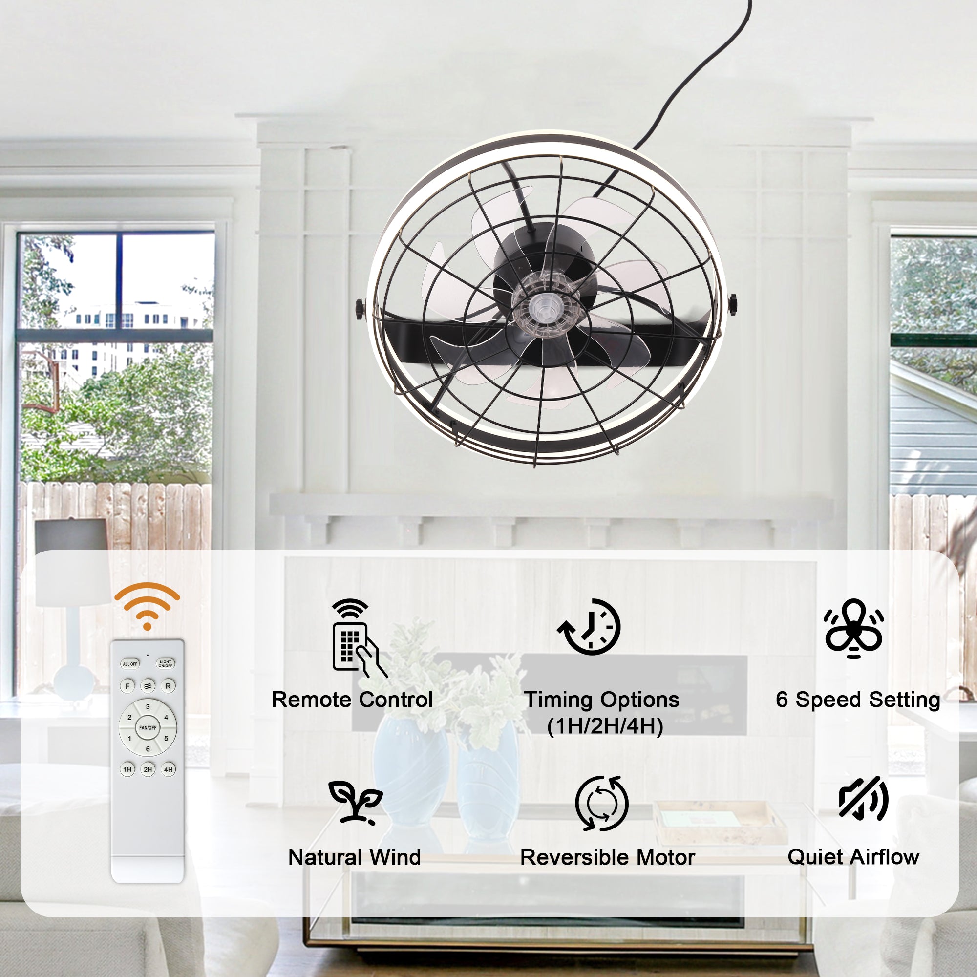 23 Inch Black Modern Wall Mounted Caged Ceiling Fan with Dimmable LED Lights and Remote, 6 Speeds Plug In Bladeless Ceiling Fan