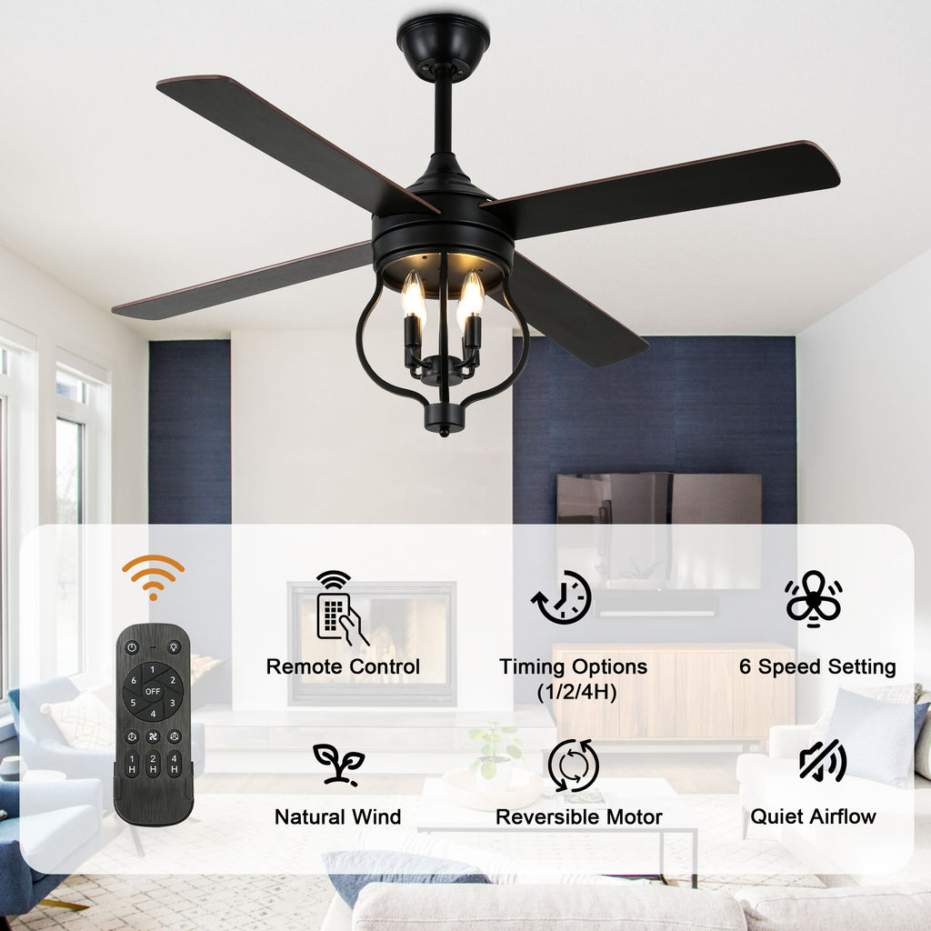 48 Inch Black Classic Ceiling Fan with Lights and Remote Control, 6 Speeds 4-Blade DC Motor Reversible Ceiling Fan for Living Room