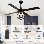 48 Inch Black Classic Ceiling Fan with Lights and Remote Control, 6 Speeds 4-Blade DC Motor Reversible Ceiling Fan for Living Room
