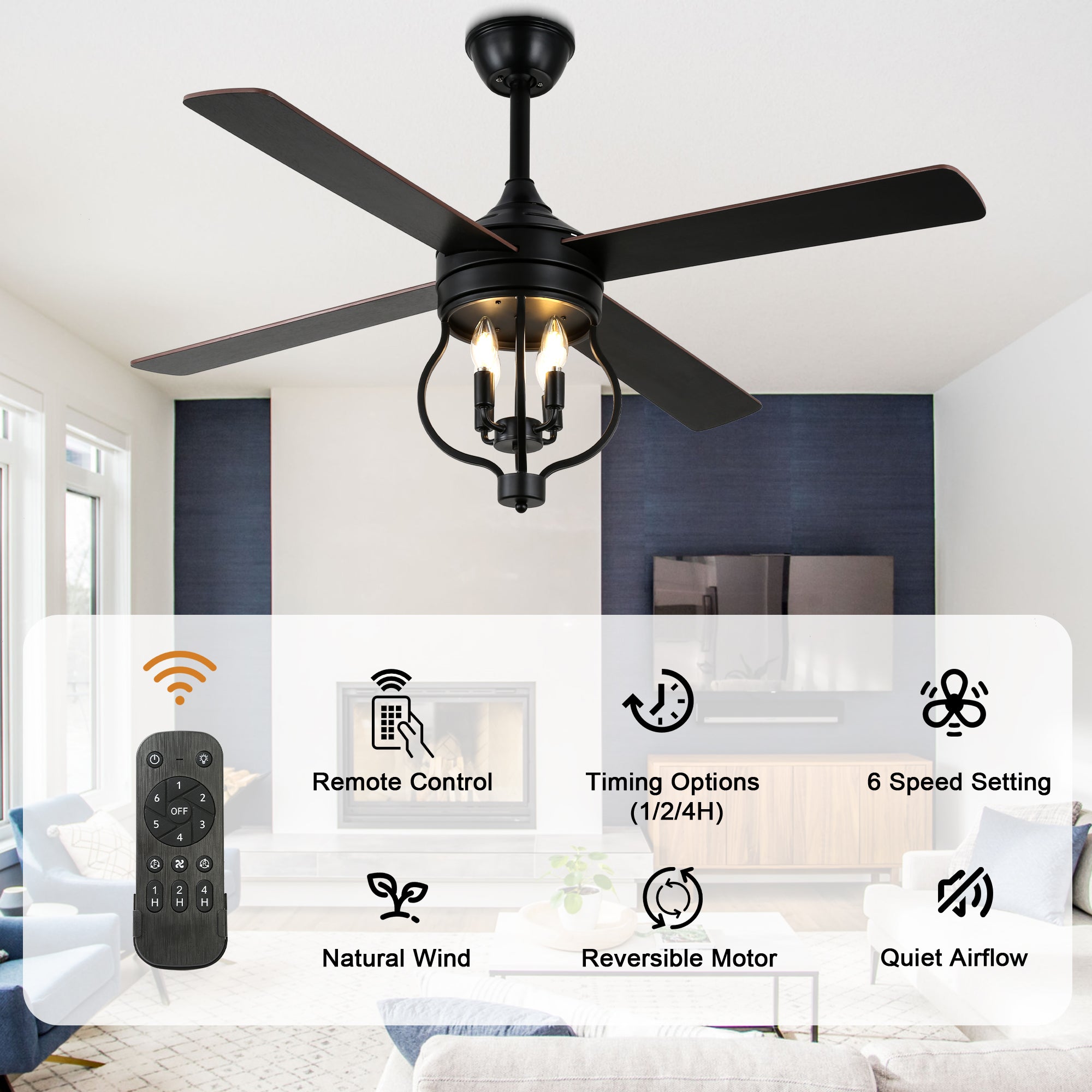 48 Inch Black Classic Ceiling Fan with Lights and Remote Control, 6 Speeds 4-Blade DC Motor Reversible Ceiling Fan for Living Room