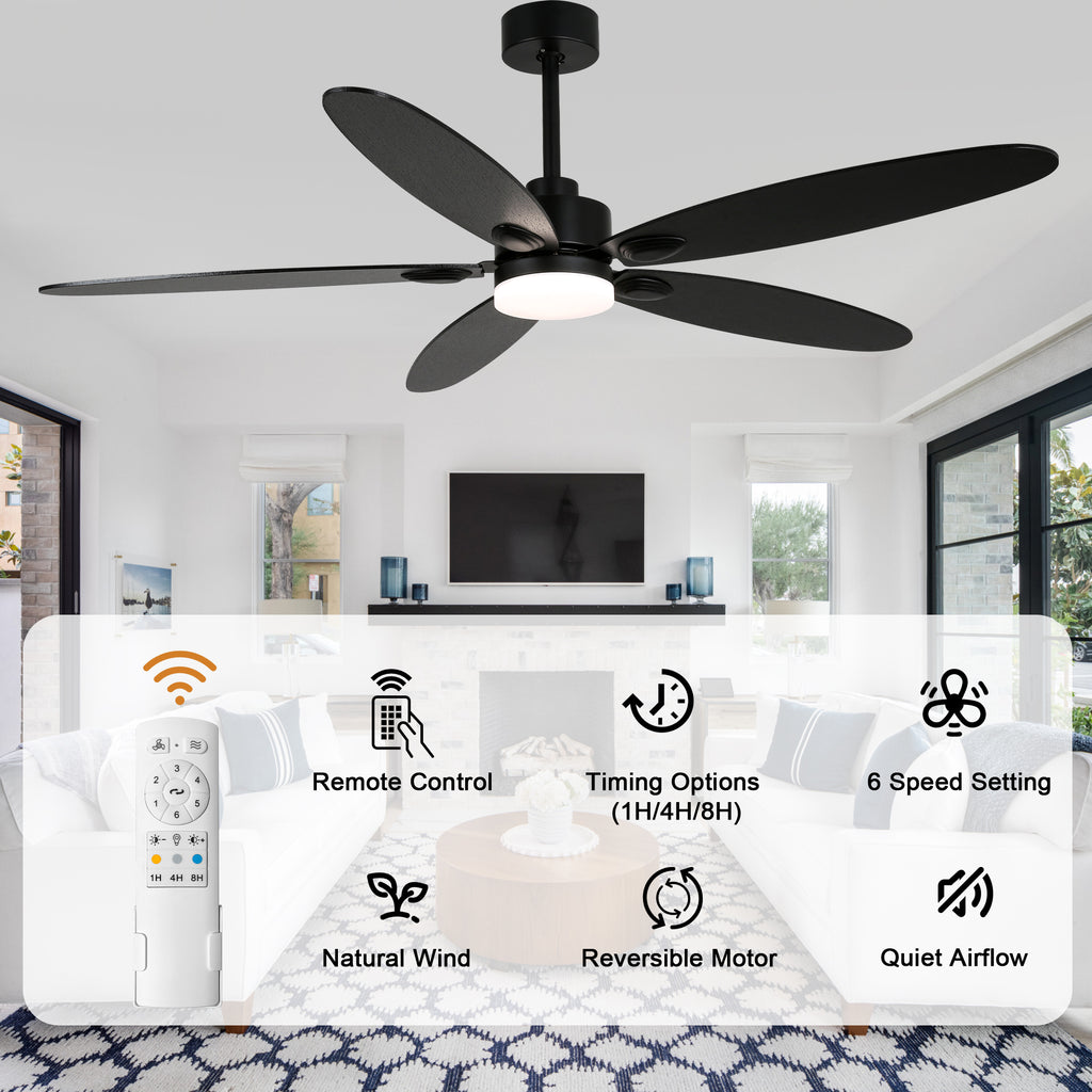 59 Inch Modern Black Ceiling Fan with Dimmable LED Light and Remote Control, 6 Speeds Reversible Ceiling Fan for Large Room