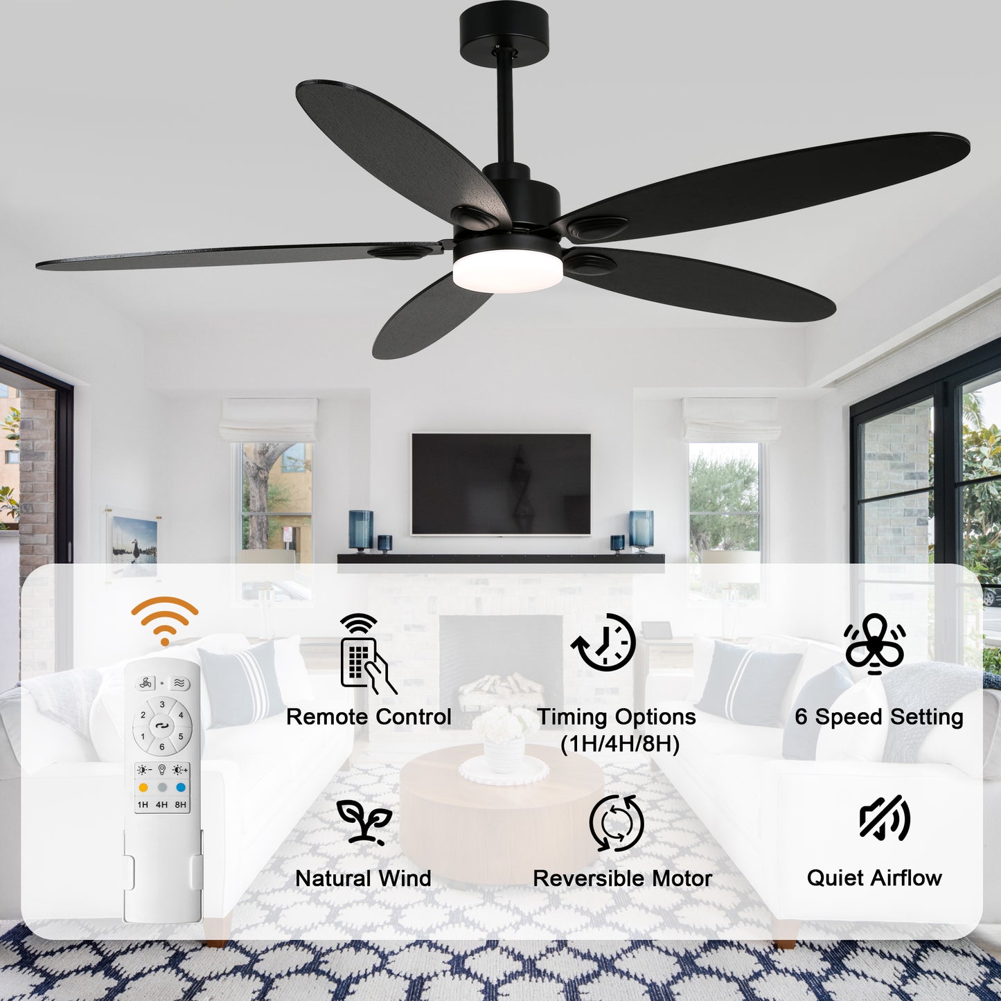 DC256001-BellaDepot 60" Modern Contemporary Stylish Design Ceiling Fan with Remote Control and LED Lights, Reversible 6 Speeds Ceiling Fan for All Seasons