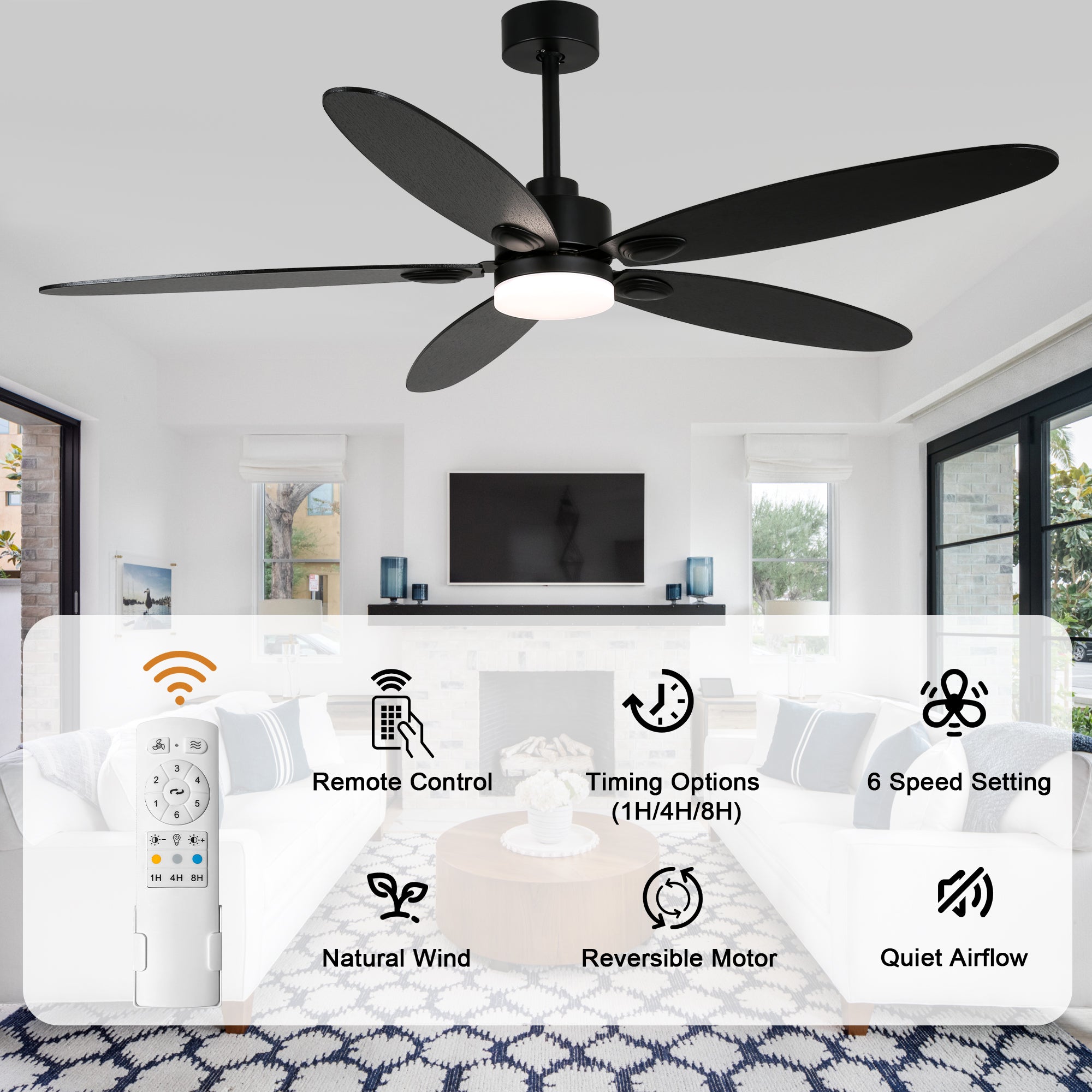 59 Inch Modern Black Ceiling Fan with Dimmable LED Light and Remote Control, 6 Speeds Reversible Ceiling Fan for Large Room