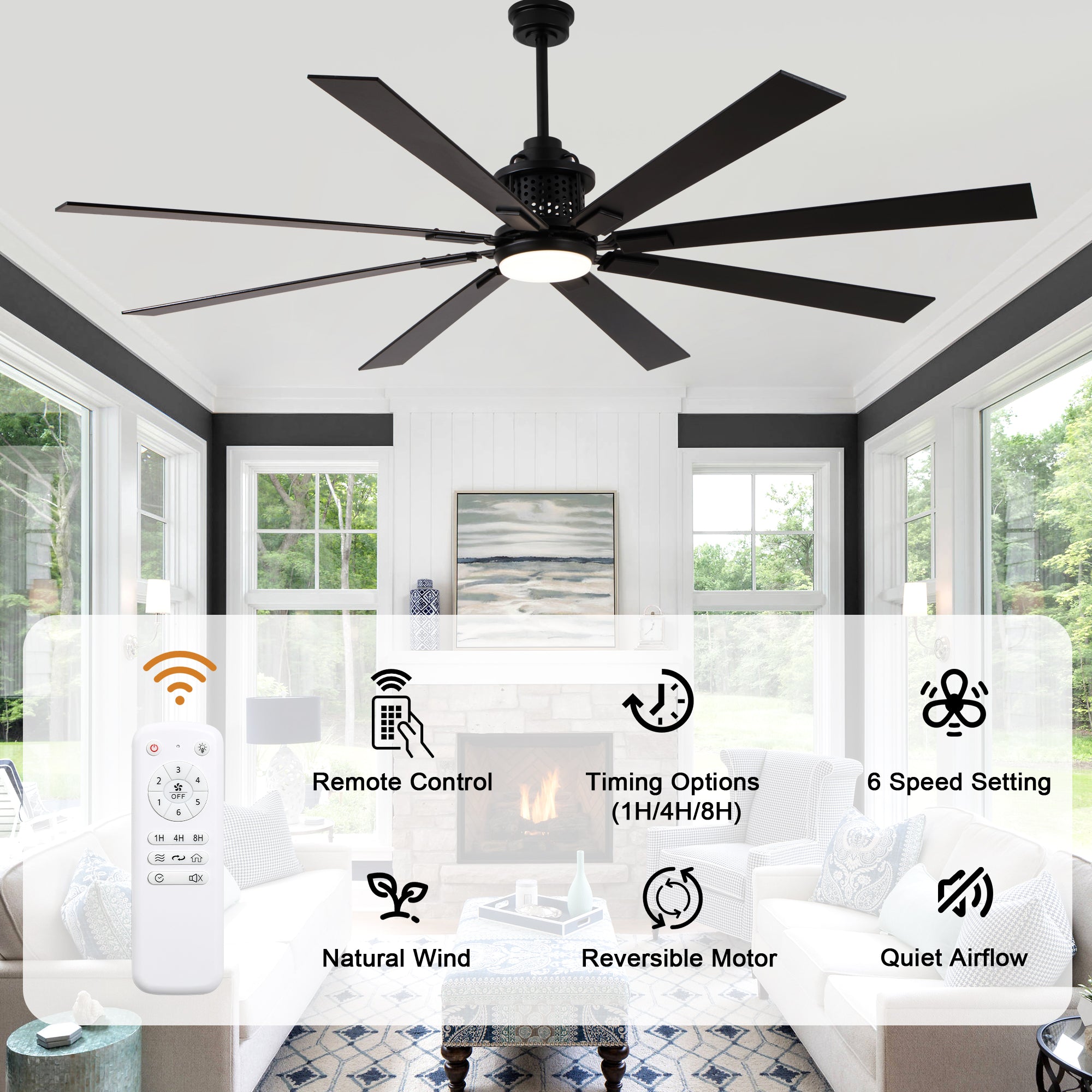 80 Inch Black Industrial Extra Large Ceiling Fan with LED Light and Remote, 6 Speeds DC Motor Reversible Ceiling Fan for Large Room
