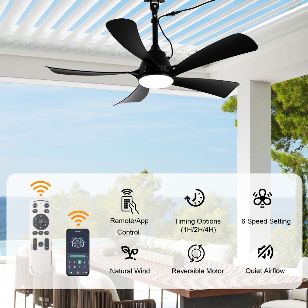 42 Inch Black 5-Blade Modern Smart Outdoor Ceiling Fan with Dimmable LED Lights, 6 Speeds Plug In Waterproof Ceiling Fans for Patios