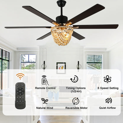 BellaDepot 65" Wood Bead Cottage Large Size Ceiling Fan with Remote Control, Silent Motor 6 Speeds Straight Leaf Fan with 3 Lights - DC6508