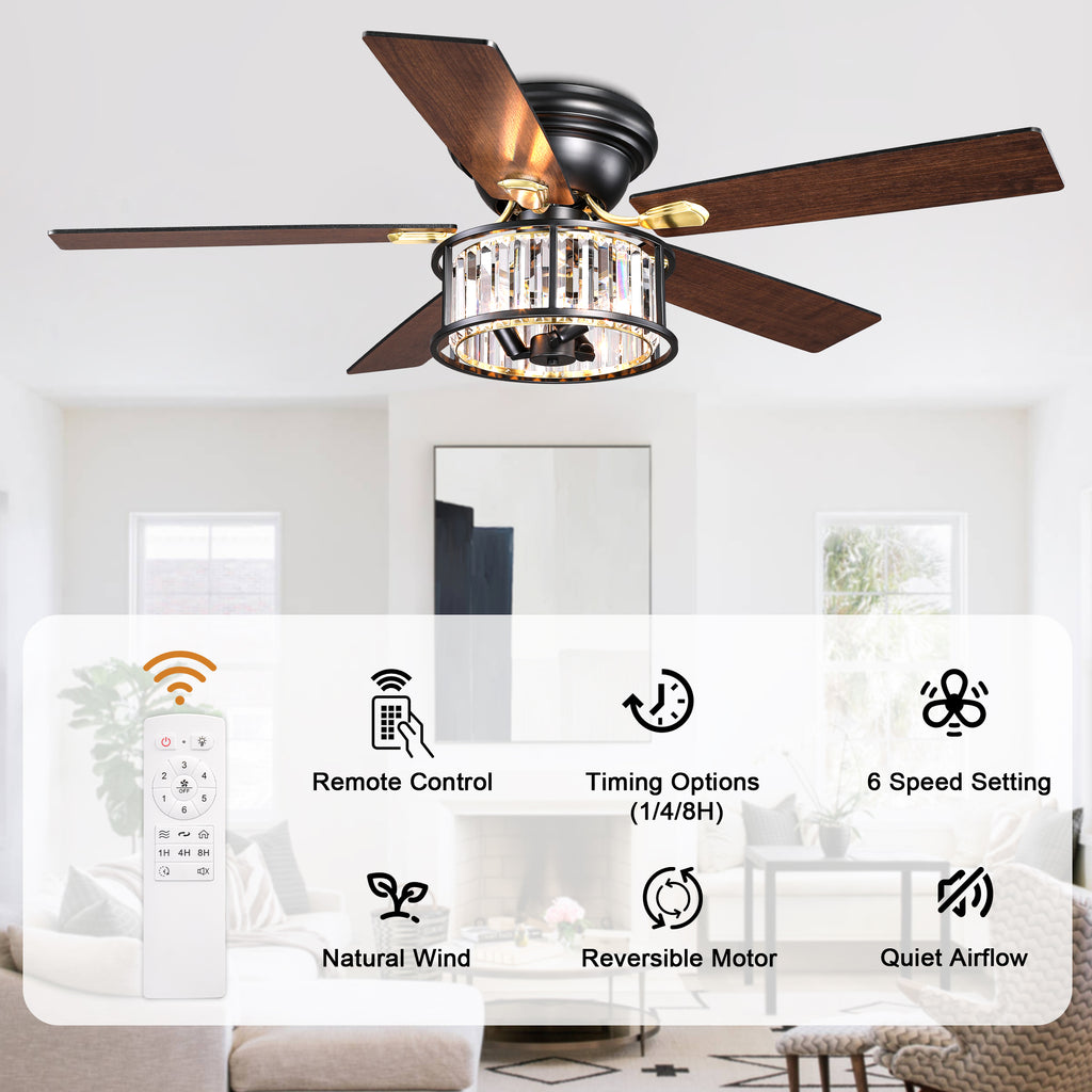 52 Inch Modern Glam Crystal Flush Mount Ceiling Fan with Lights and Remote, 6 Speeds DC Motor Reversible Low Profile Ceiling Fan
