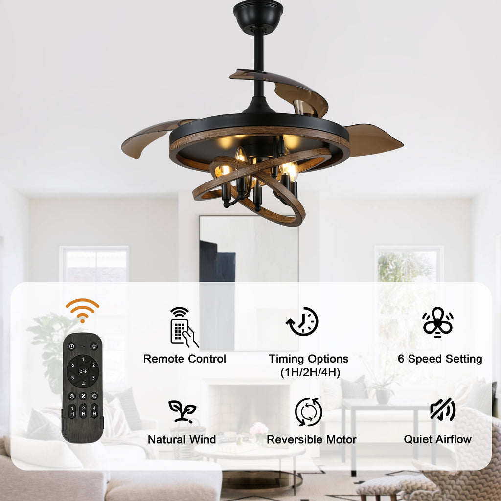 42 Inch Black Farmhouse Retractable Ceiling Fan with Lights and Remote Control, 6 Speeds Reversible Fandelier Ceiling Fan with DIY Shade