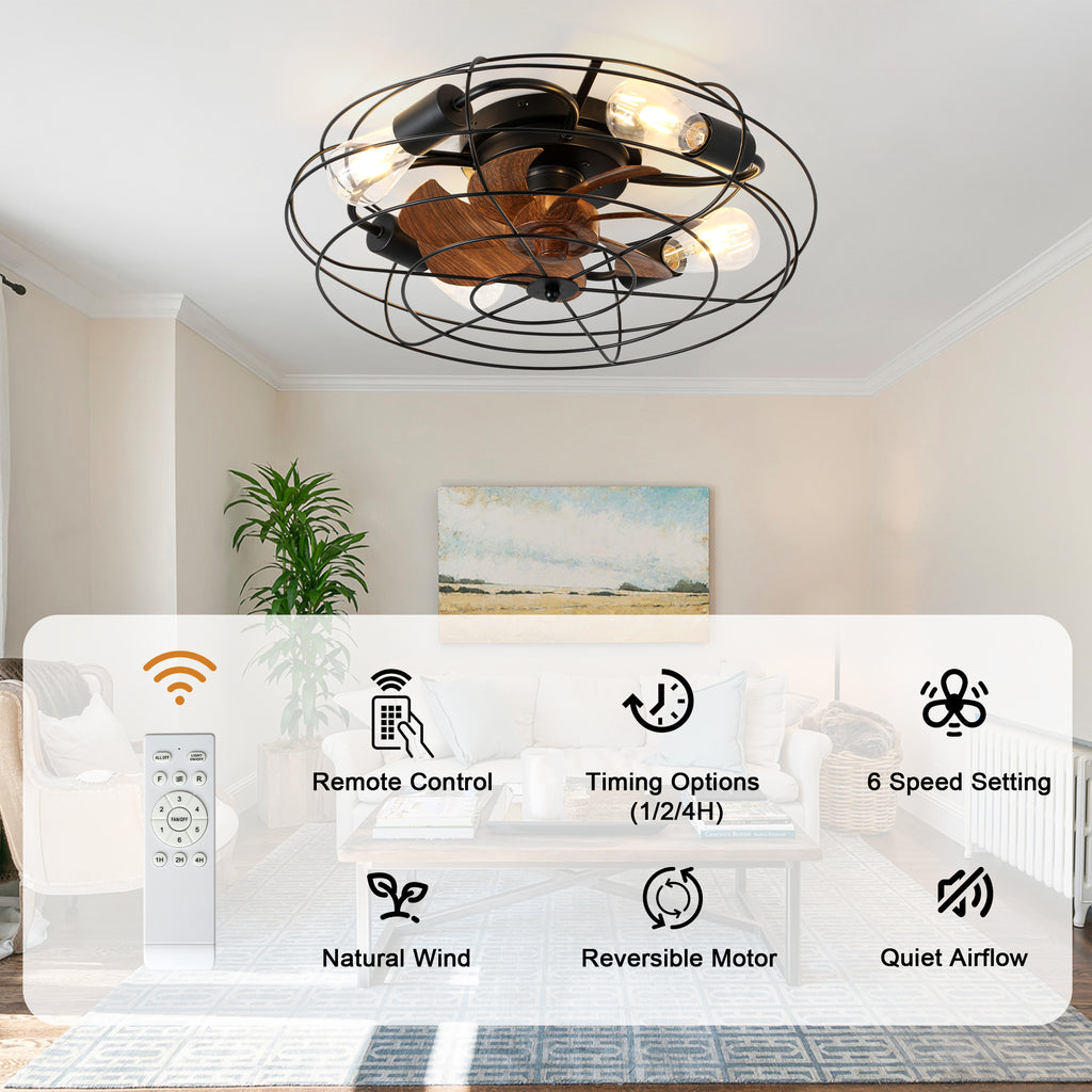 20 Inch Farmhouse Industrial Flush Mount Ceiling Fan with Lights and Remote, 6 Speeds DC Motor Bladeless Caged Ceiling Fan for Bedroom