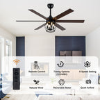 Industrial 60 Inch Caged Ceiling Fan with Light 6 Wood Blades Reversible Quiet DC Motor Ceiling Fan 3 Downrods with Remote Control Ceiling Fan Suit for Living Room, Bedroom