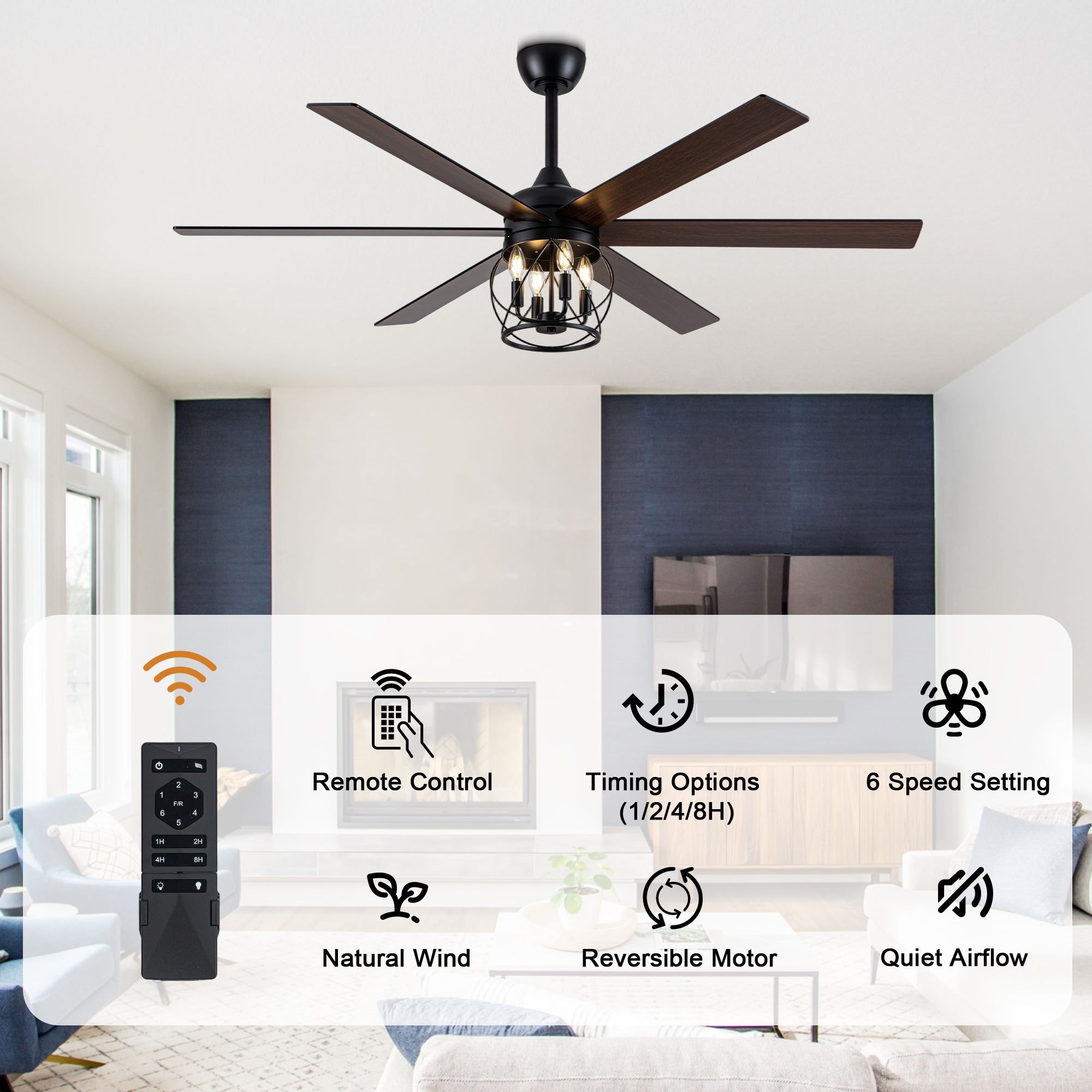 Industrial 60 Inch Caged Ceiling Fan with Light 6 Wood Blades Reversible Quiet DC Motor Ceiling Fan 3 Downrods with Remote Control Ceiling Fan Suit for Living Room, Bedroom