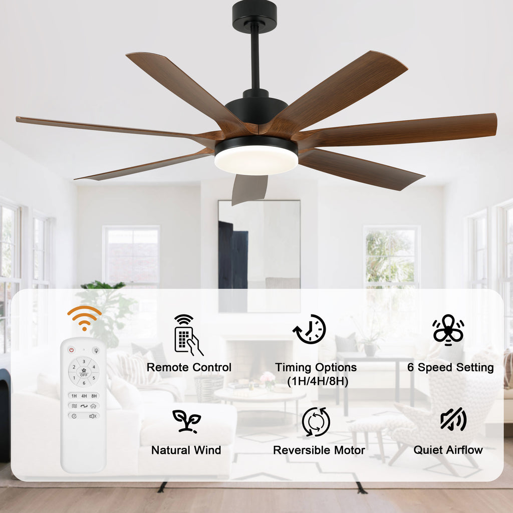 60 Inch 6-Blade Black Farmhouse Large Ceiling Fan with LED Lights and Remote Control, 6 Speeds Reversible Ceiling Fan