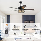 Luxury 52 Inch Crystal Caged Ceiling Fan with Light Reversible Wood Blades Quiet DC Motor Ceiling Fan Remote Control Timing Ceiling Fan Suit for Living Room, Kitchen, Bedroom