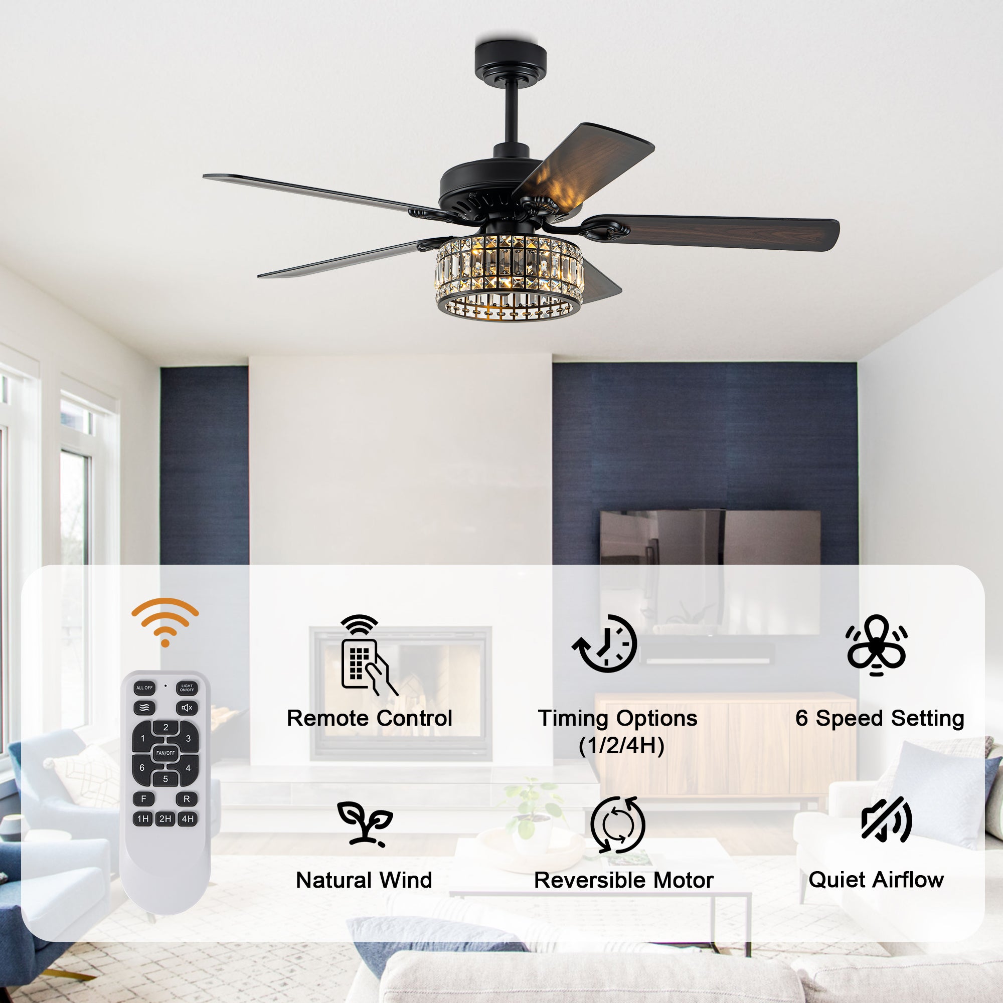 Luxury 52 Inch Crystal Caged Ceiling Fan with Light Reversible Wood Blades Quiet DC Motor Ceiling Fan Remote Control Timing Ceiling Fan Suit for Living Room, Kitchen, Bedroom